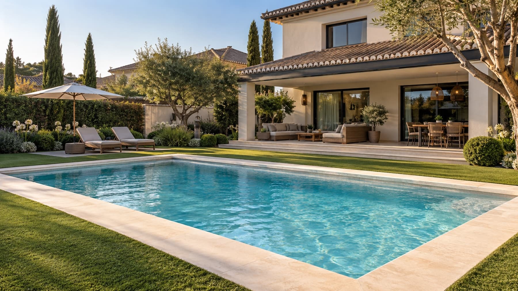 Piscina enterrada terminada junto a una villa